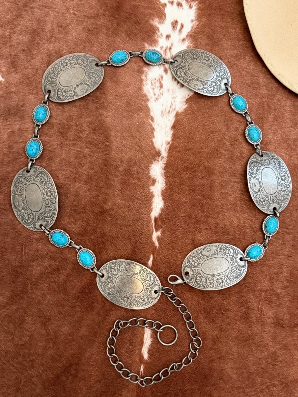 Turquoise Oval Concho Link Belt, Western Silver Hardware - Picture 5 of 8